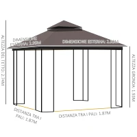 Outsunny Gazebo da Giardino 3x3m con Zanzariera e Tetto a 2 Livelli, Mensole Laterali e Ganci, Caffè(m-3)