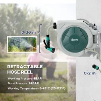 Outsunny Retractable Hose Reel Wall Mounted, 30+2m Garden Hose Pipe Reel with Lock, Auto Rewind, 7 in 1 Spray Nozzle, Includes Wall Fixings, 180° Swivel, Outdoor Watering, Grey(m-4)