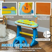 AIYAPLAY 37-Key Kids Piano w/ Microphone, Stool, LED Lights, Record & Replay, Function, Blue(m-6)