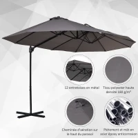 Outsunny Parasol déporté grande taille XXL inclinable avec pied en croix dim. 4,45L x 2,7l x 2,6H m piètement en métal inclus polyester gris(m-7)