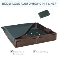 Outsunny Sandkasten mit Abdeckplane & Bodenplane, modulare Bauweise, 4 Sitze, 1,23L x 1,23B m, Braun(m-6)