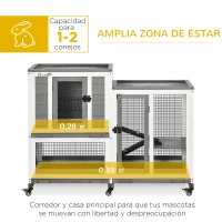 PawHut Jaula para Conejos 2 Niveles de Madera con 6 Ruedas 2 Escaleras 3 Bandejas Extraíbles y Zona Abierta 110x50x86 cm Gris(m-4)