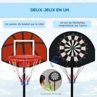 SPORTNOW Support panier de basket-ball 2 en 1 avec hauteur réglable 129-179 cm et jeu de 6 fléchettes magnétique(m-4)
