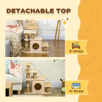 PawHut Adjustable Cat Steps, with House & Hanging Toy Ball - Beige(m-4)