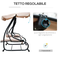 Outsunny Dondolo da Giardino 3 Posti Convertibile in Letto a Dondolo, Tetto e Struttura in Acciaio, 200x120x164cm Marrone Chiaro(m-6)