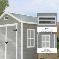Outsunny 6 x 5ft Garden Shed, Plastic Shed with Floor, Window, Lockable Doors and Vents, Wood Effect Resin Tool Shed for Outdoor Patio, Dark Grey(m-6)