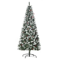 HOMCOM Albero di Natale Innevato Artificiale 180cm con Bacche Rosse e Pigne Bianche, Base Rimovibile Pieghevole, 618 Rami(m-1)
