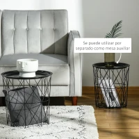 HOMCOM Juego de 3 Mesas Auxiliares Apilables Cestas de Metal con Bandeja Extraíble y Espacio de Almacenamiento Estilo Moderno para Salón Sofá Diámetro Ø43 Ø35 y Ø30 Negro(m-6)