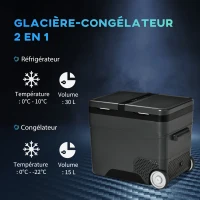 Outsunny Glacière élétrique portable congélateur et réfrigérateur avec 2 zones - contenance 45 L avec roues, poignée télescopique, 12/24 V DC et 110-240 V AC(m-4)