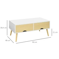 HOMCOM Table basse de salon rectangulaire avec 2 tiroirs et 1 compartiment ouvert 90 x 48 x 39 cm blanc et naturel(m-3)