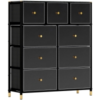 HOMCOM Cajonera de Tela con 9 Cajones Plegables con Frentes de Cuero PU y Marco de Acero Cajonera para Dormitorio Salón Negro