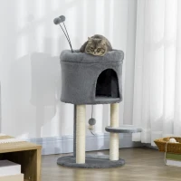 PawHut Kratzbaum inkl. Spielzeug, 1 Katzenhöhle, 1 Katzenbett, 44,5 cm x 44,5 cm x 73,5 cm, Natur+ Grau(m-2)
