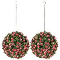 HOMCOM Set of 2 Decorative Artificial Plants, UV-protected Artificial Plant Topiary Rose Balls, Fake Plants for Home Indoor outdoor Decor, 28cm, Pink(m-11)