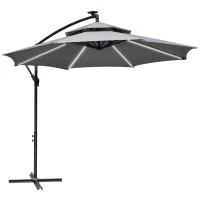 Outsunny 3(m) Cantilever Banana Parasol Hanging Umbrella with Double Roof, LED Solar lights, Crank, 8 Sturdy Ribs and Cross Base for Outdoor, Garden, Patio, Light Grey(m-1)