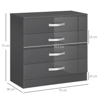 HOMCOM Cassettiera da 4 Cassetti con Maniglie di Metallo, in Truciolato, 75x36x72 cm, Grigio(m-3)