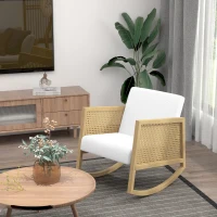 HOMCOM Schaukelstuhl im Boho-Design, Rattan-Dekor, weiche Polsterung, Stoffbezug, Naturholzrahmen, Creme(m-2)