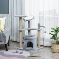 PawHut 87 cm Cat Tree for Indoor Cats, Kitten Tree Tower with Scratching Posts Pad, Cat Condo, Plush Perches, Hanging Ball - Grey(m-10)