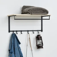 HOMCOM Mueble Recibidor Set de Zapatero y Perchero Montado en la Pared con 6 Ganchos y Plataforma para Entrada o Pasillo 75x30x45 cm Negro y Madera(m-7)