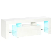 HOMCOM Mueble de TV Moderno Mesa para TV de Salón para Televisión con Luces LED con Mando a Distancia Estantes de Cristal Ajustables y Cajón 130x35x45 cm Blanco Brillante(m-1)