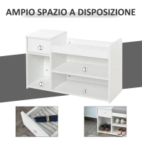 HOMCOM Panca Scarpiera con Cuscino, Cassetto e 3 Vani Aperti in Legno, 81x31.5x49cm, Bianco(m-4)