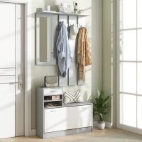 HOMCOM Mobile Appendiabiti 3 in 1 con Scarpiera e Specchio, Ganci e Cassetti, in Legno, 90x10x102 cm, Bianco e Grigio(m-2)