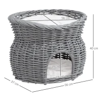 PawHut 2-Tier Wicker Cat House Elevated Pet Bed Basket Willow Kitten Tower Pet Den. with Washable Cushions 56x37x40cm Grey(m-3)