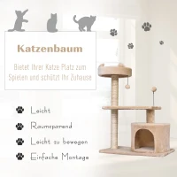PawHut Katzenbaum mit Hängebett, 3-Stock Kratzbaum, Katzenhöhle, Katzenhaus mit Spielbällen, mit Sisalsäule und Kratzbrett, Plüsch Beige 60 x 40 x 81 cm(m-4)