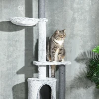 PawHut Kratzbaum mit Deckenspanner, Hängematte, Haus, Plattformen, Spielball, 225-255cm, Grau(m-8)