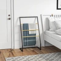 HOMCOM Portasciugamani a 4 Sbarre in Acciaio e Bambù, 60x35x102 cm, Nero e color Legno(m-9)