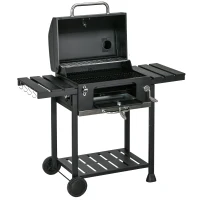 Outsunny Barbecue a Carbone con Coperchio con Termometro, Griglia Regolabile, Ruote e Tavolini, Nero(m-10)