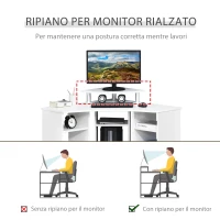 HOMCOM Scrivania Angolare con 3 Sezioni, Scrivania per Camera o Ufficio, Scrivania PC in Legno con Ripiano Monitor, Bianco(m-7)