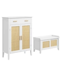 HOMCOM Lot de Banc à chaussures + Meuble à chaussures - meuble de rangement pour l'entrée - 2 portes effet cannage - blanc(m-1)