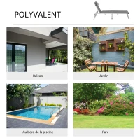 Outsunny Bain de soleil chaise longue pliante avec appuie-tête, transat inclinable en aluminium et textilène, transat jardin extérieur pour plage relax camping piscine terrasse, 165x60x76cm, gris(m-7)