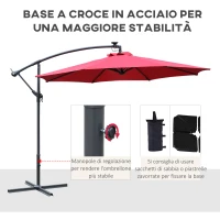 Outsunny Ombrellone da Giardino a Braccio Ø3x2.4  m con Manovella e 8 Strisce LED a Energia Solare, Rosso scuro(m-6)