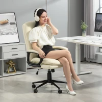 Vinsetto Office Chair, PU Leather Computer Desk Chair Office Chair with Adjustable Height and Swivel Rolling Wheels for Work Study, Cream White(m-7)