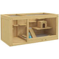 PawHut Wooden Hamster Cage with Water Bottle, Platforms, Openable Roof, Sliding Tray, Hut, Seesaws, Natural Wood Finish(m-11)