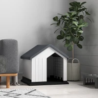PawHut Hundehütte, wetterfest, Fenster & Tür, für kleine Hunde bis 10kg/40cm Länge, 62x61x60cm, Grau/Weiß(m-9)