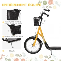 HOMCOM Trottinette patinette Enfant Grandes Roues pneumatiques Guidon réglable Frein AV-AR Garde-Boue béquille Panier métal Jaune Noir(m-6)