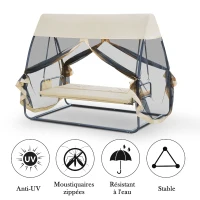 Outsunny Balancelle de Jardin Convertible 3 Places Grand Confort : Matelas Assise Dossier, moustiquaire intégrale zippée avec Toit, Pochette Rangement métal époxy Polyester Beige(m-5)