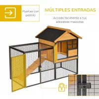 PawHut Conejera de Exterior Jaula para Mascotas Pequeñas 2 Niveles con Rampa Bandeja Extraíble de Madera y Metal 122x63x92 cm para Conejos Cobayas Madera y Gris(m-5)