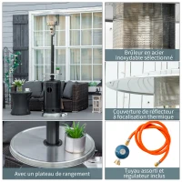 Outsunny Chauffage de terrasse à gaz 13 Kw 30 m² et IP44 chauffage radiant avec roues de transport étagère et protection contre le renversement détendeur et tuyau de gaz fournis alu et acier noir(m-6)