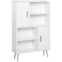 HOMCOM Bibliothèque scandinave 4 niches + 2 placards avec étagère dim. 80L x 24l x 123H cm Pieds effilés inclinés Bois Massif Panneaux Particules Blanc(m-1)