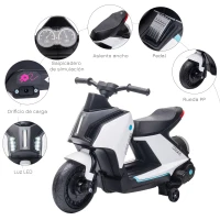 HOMCOM Moto Eléctrica Infantil Motocicleta de Batería 6V para Niños de 2-4 Años con Faros Música y 2 Ruedas de Equilibrio 80x39,5x51 cm Blanco(m-6)