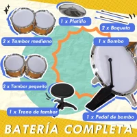 AIYAPLAY Batería para Niños de +3 Años con Taburete Tambores Bombo Platillo Pedal y Baquetas 65x36x76 cm Dorado(m-4)