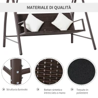 Outsunny Dondolo da Giardino 3 Posti in Rattan PE e Metallo con Cuscini e Tetto Parasole, 198x124x179cm, Marrone(m-6)