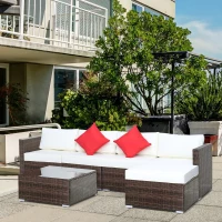 Outsunny 6 Pieces Rattan Garden Furniture Set, 5 Seater Sectional Garden Corner Sofa Set with Glass Top Coffee Table, Cushions and Pillows, All-Weather Wicker Conversation Furniture, Cream White(m-10)