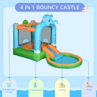 Outsunny 4 in 1 Elephant-Themed Inflatable Water Park, Kids Bouncy Castle, for Ages 3-8 Years - Multicoloured(m-4)