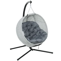 Outsunny Eiförmiger Hängekorb, Hängesessel mit Schaukelfunktion und faltbarem Korb, Gartenstuhl, Becherhalter, Grau(m-10)