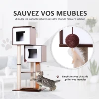 PawHut Arbre à chats design contemporain griffoirs grattoirs sisal naturel niches plateformes jeu boule suspendue 55L x 55l x 125H cm MDF hêtre brun(m-5)