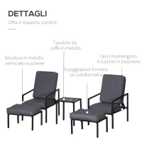 Outsunny Set 5 Pezzi Mobili da Esterno, 2 Sedie Sdraio Reclinabili, 2 Pouf e 1 Tavolino, Grigio e Nero, Metallo e Poliestere(m-4)